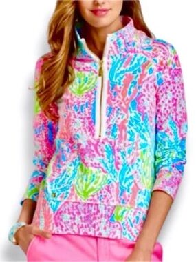 0003 Lilly Pulitzer Pink Turquoise Lime Green Zip Pullover